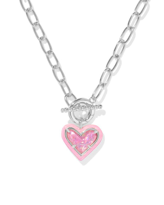 Kendra Scott Ari Heart Enamel Frame Chain Necklace-Silver Pink Iridescent Glitter