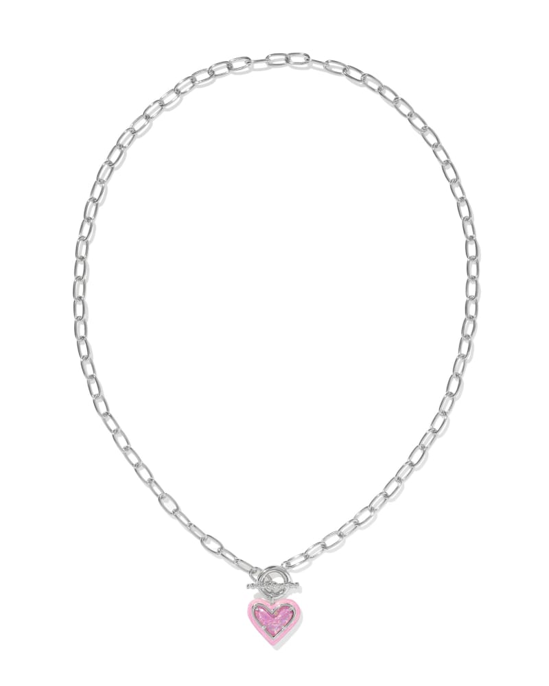 Kendra Scott Ari Heart Enamel Frame Chain Necklace-Silver Pink Iridescent Glitter