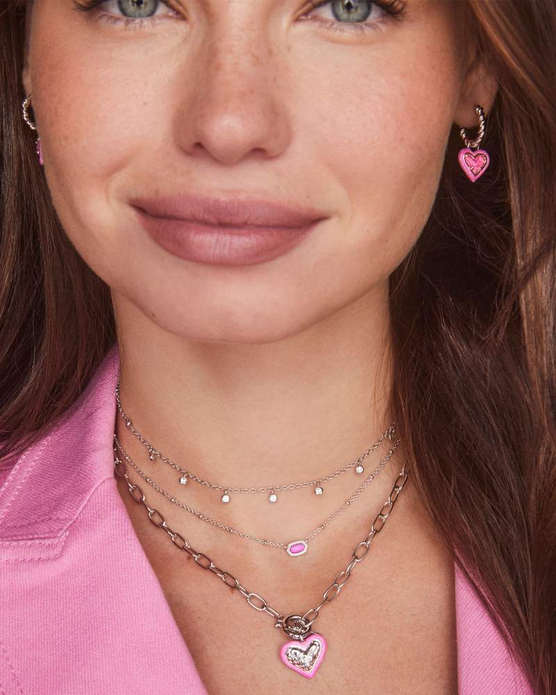 Kendra Scott Ari Heart Enamel Frame Chain Necklace-Silver Pink Iridescent Glitter