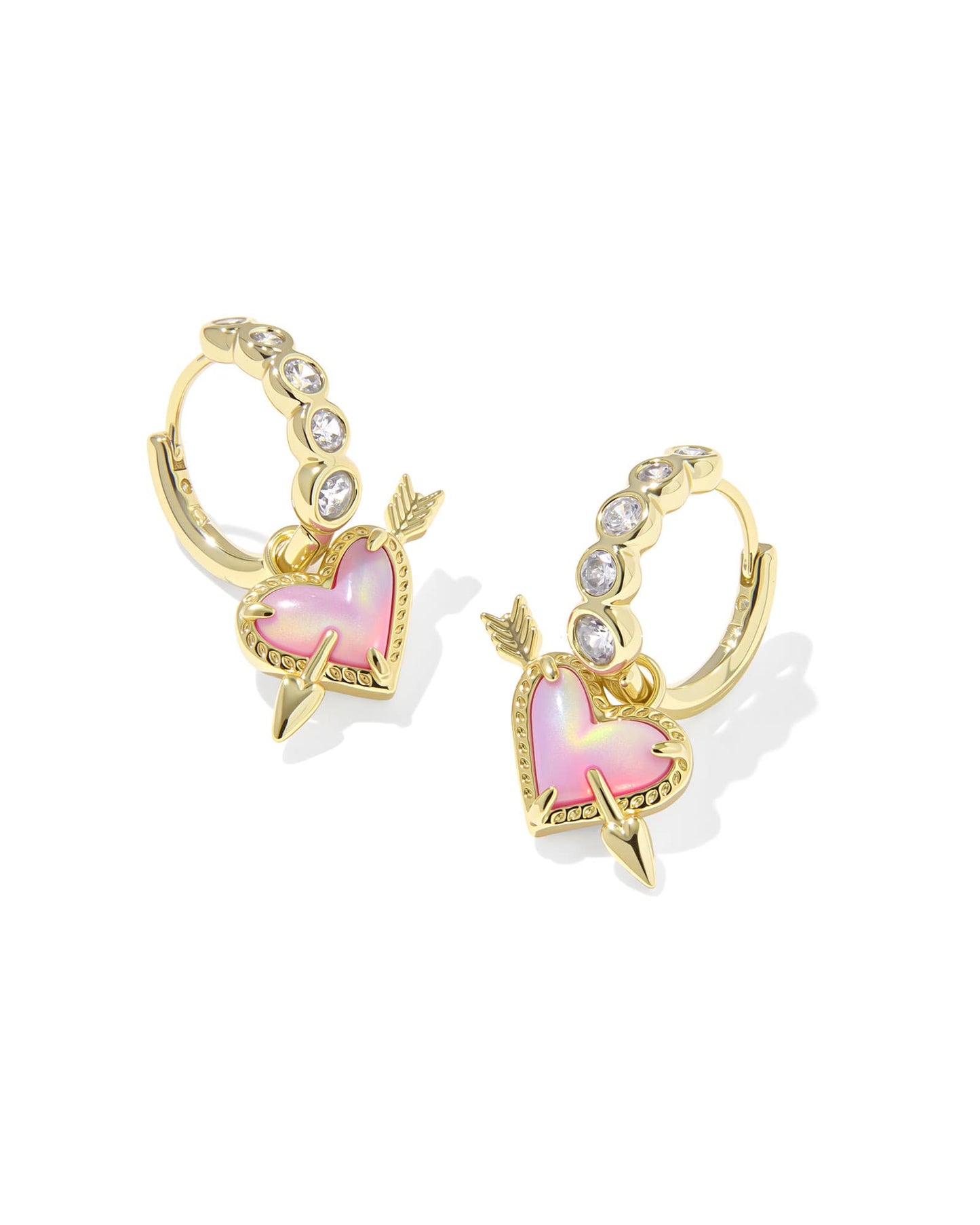 Kendra Scott Ari Heart Arrow Huggie Earring- Gold Pink Opalescent Resin