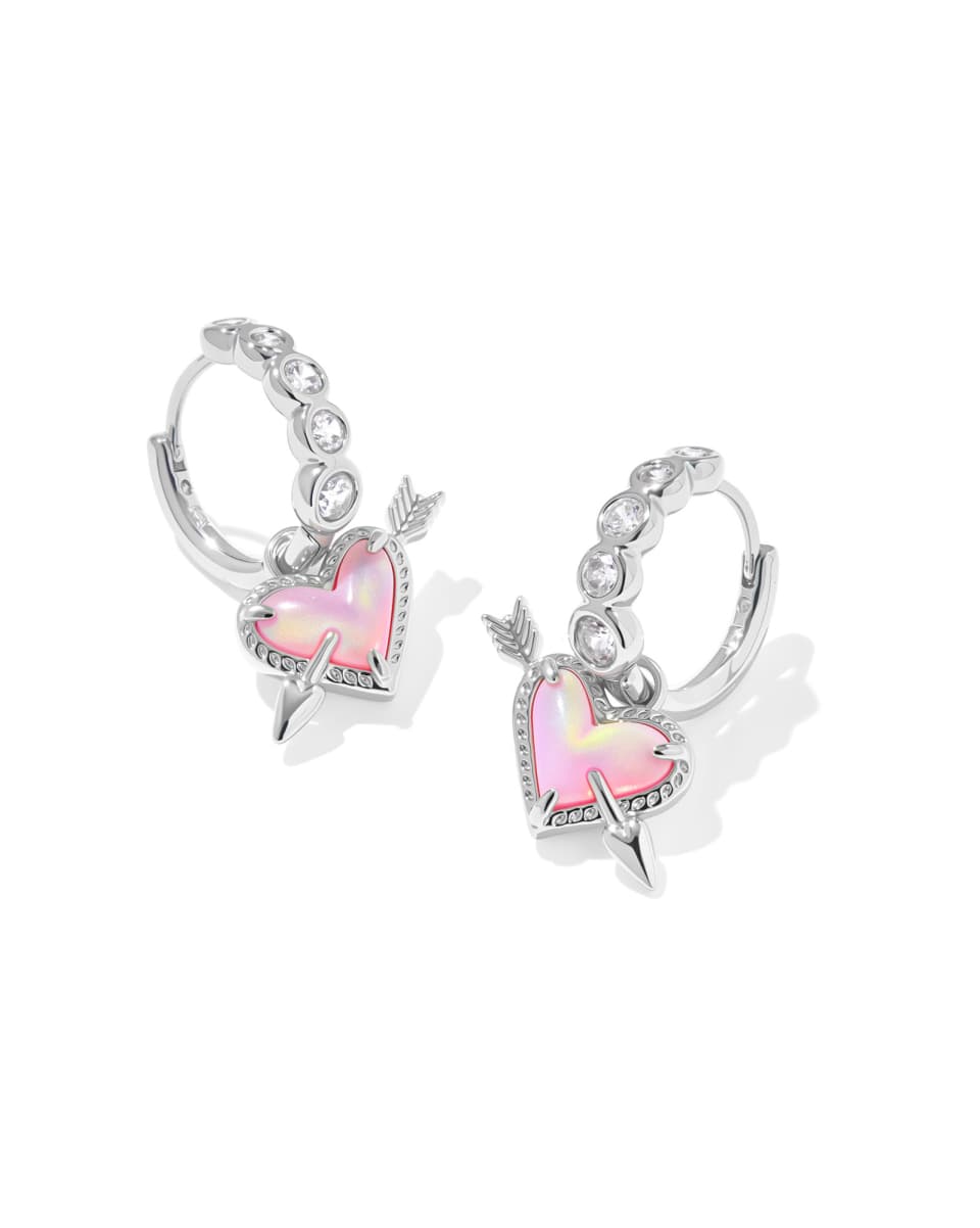 Kendra Scott Ari Heart Arrow Huggie Earring- Silver Pink Opalescent Resin