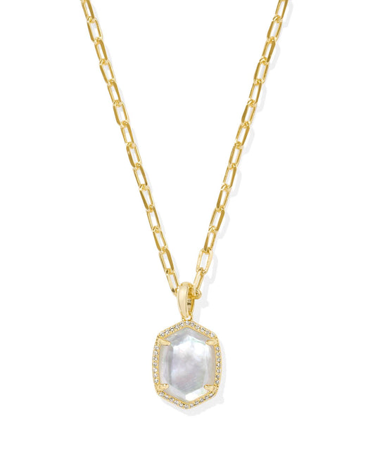 Kendra Scott Daphne Pave Frame Short Pendant Necklace-Gold Iridescent Ivory Illusion