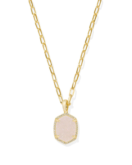 Kendra Scott Daphne Pave Frame Short Pendant Necklace-Gold Iridescent Druzy