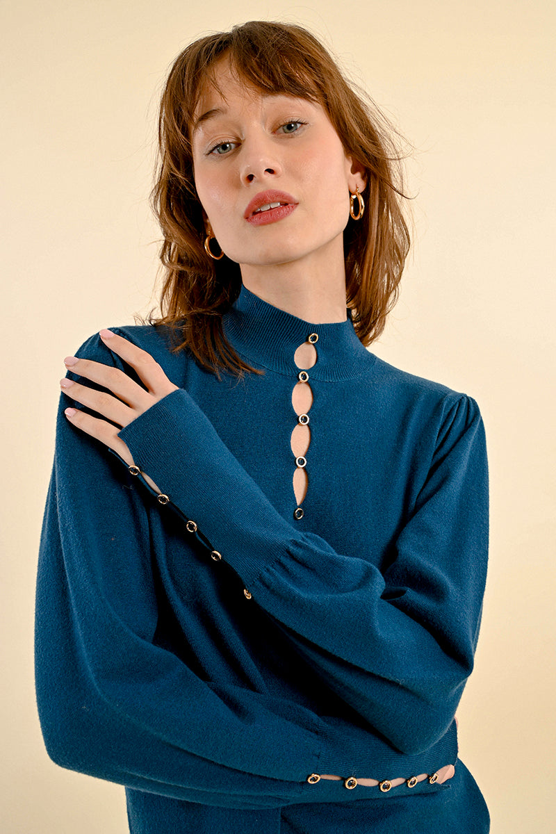 Molly Bracken Button Up Mock Neck Sweater-Petrol Blue