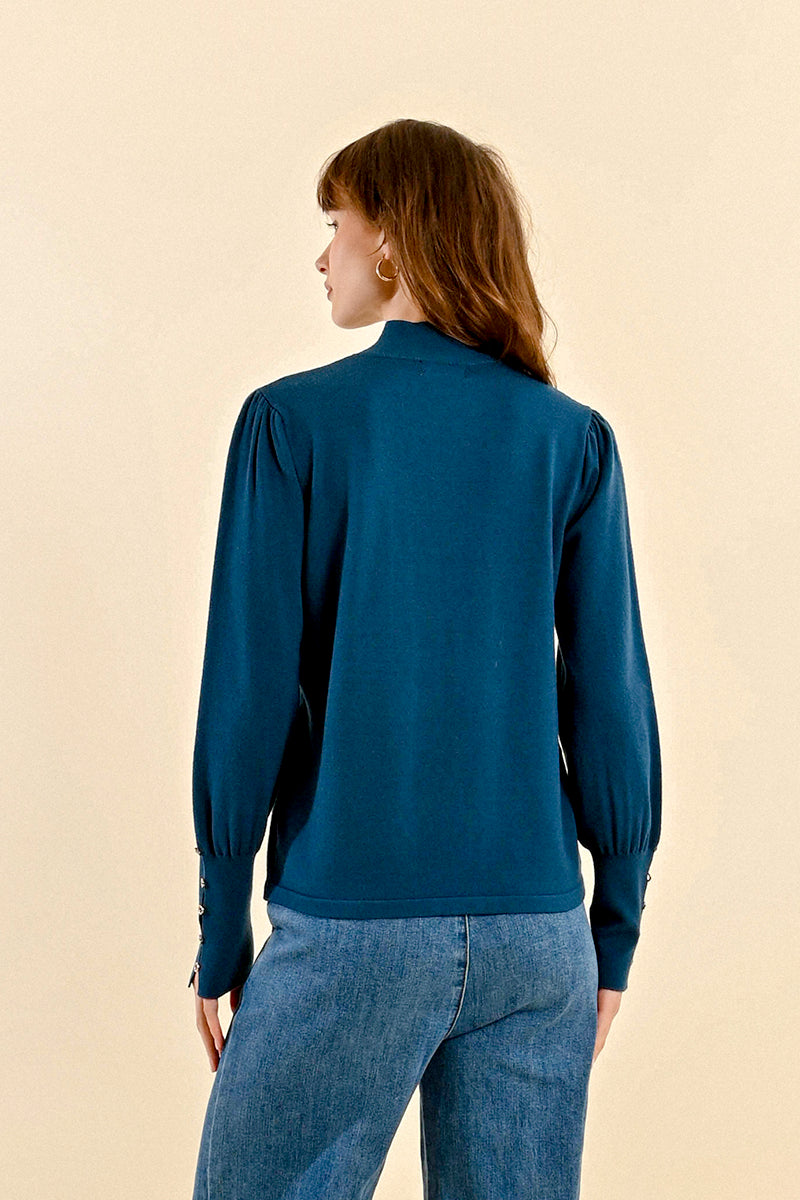 Molly Bracken Button Up Mock Neck Sweater-Petrol Blue