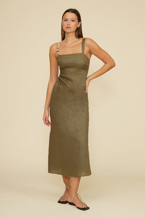 Lucy Paris “Fallon” Bead Detail Dress - Olive