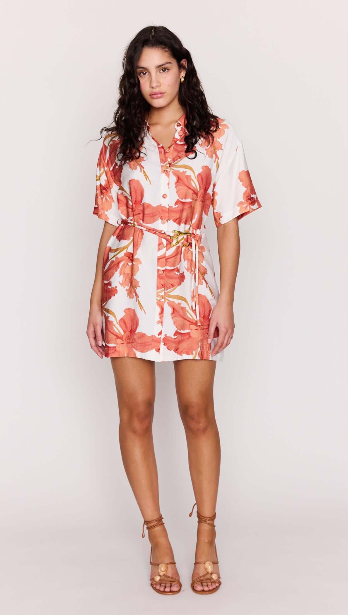 Mink Pink "Isla" Mini Shirtdress-Peach Hibiscus