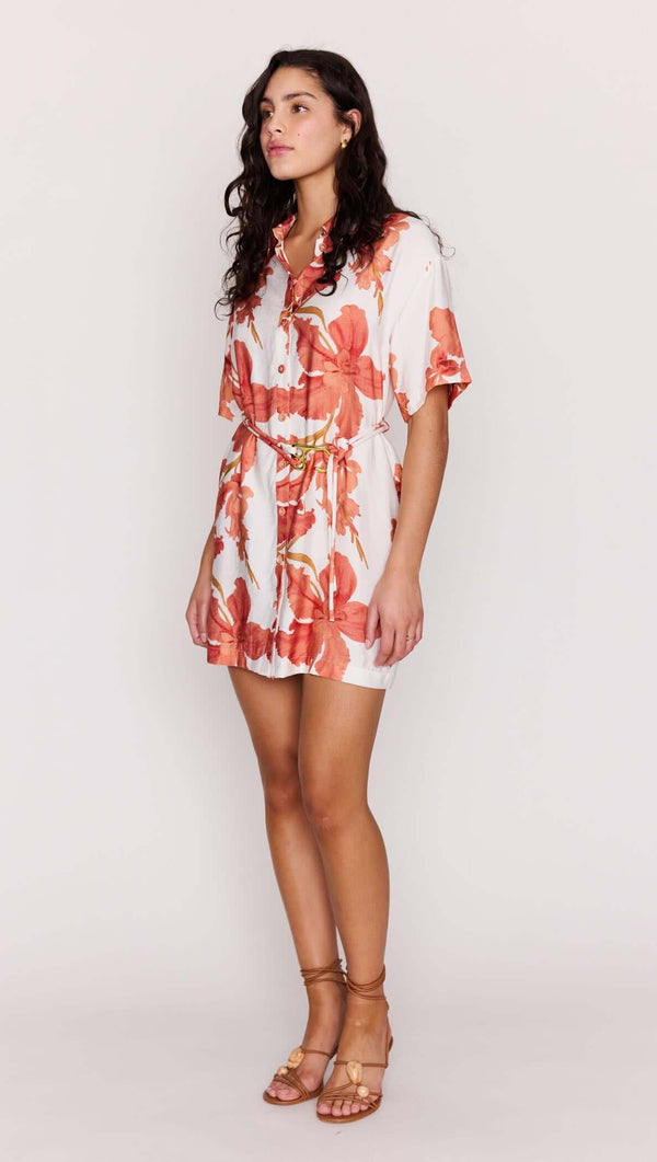 Mink Pink "Isla" Mini Shirtdress-Peach Hibiscus