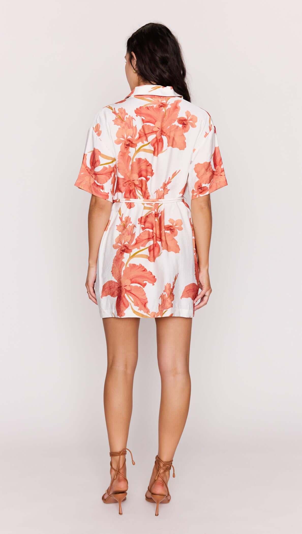 Mink Pink "Isla" Mini Shirtdress-Peach Hibiscus