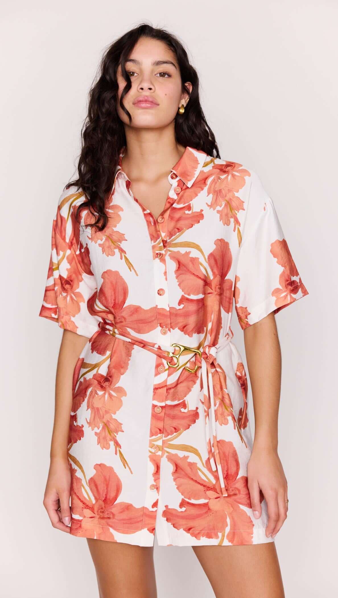 Mink Pink "Isla" Mini Shirtdress-Peach Hibiscus