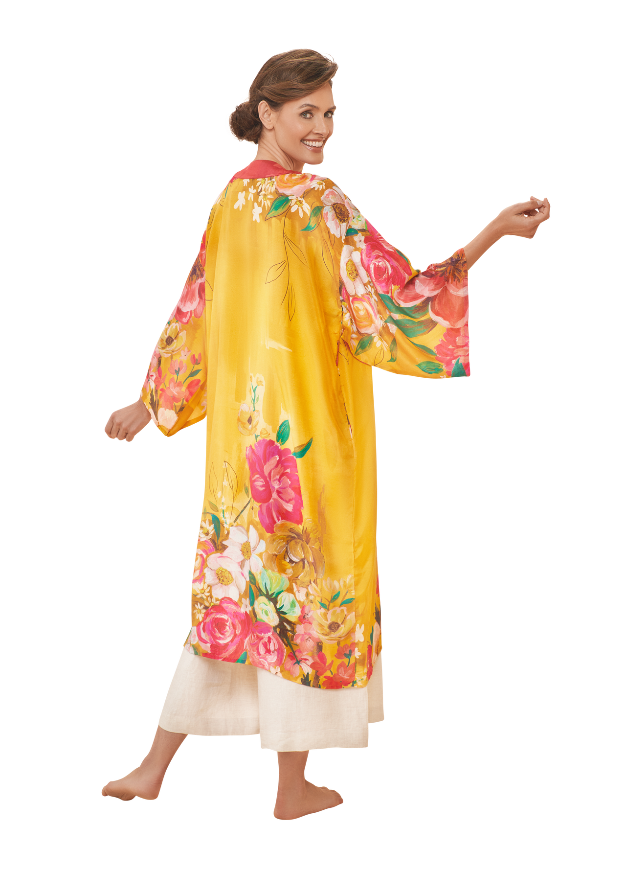 Powder Design Kimono Gown-Impressionist Floral Mustard