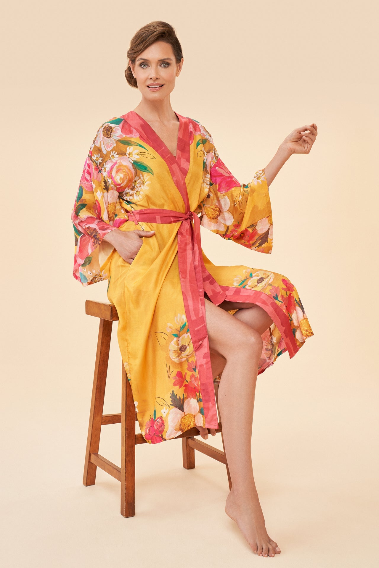 Powder Design Kimono Gown-Impressionist Floral Mustard