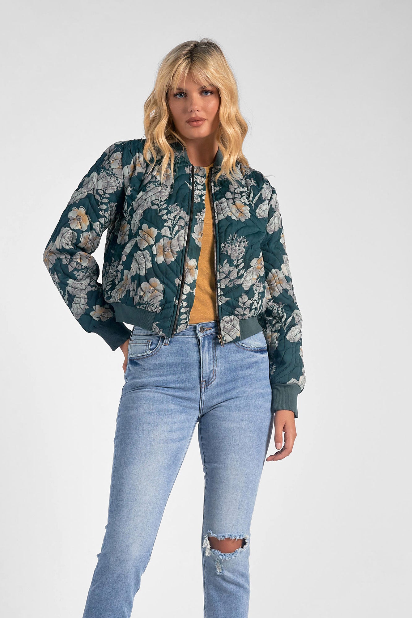 Elan Quilted Bomber Jacket-Green Floral