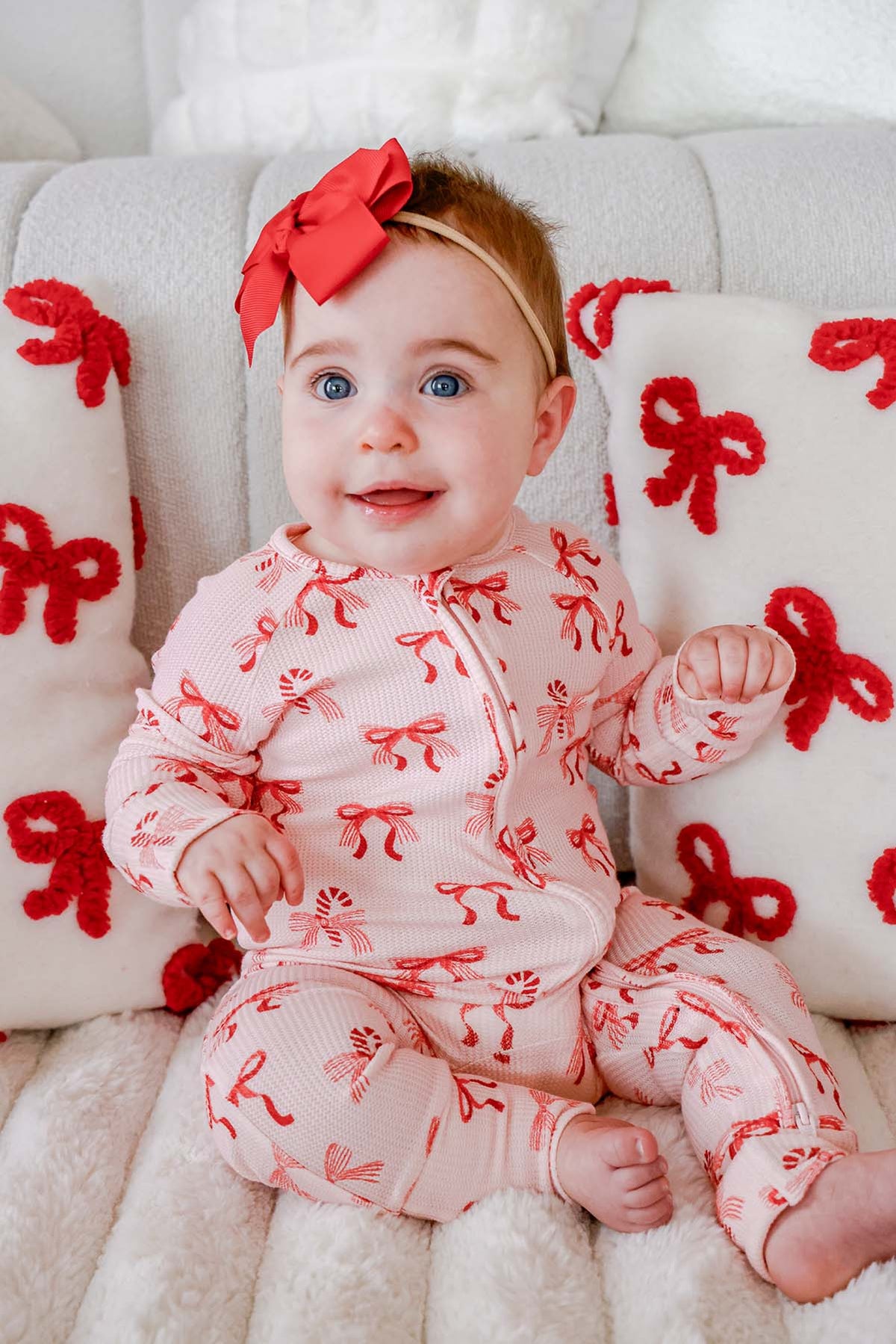 Caden Lane Bamboo Waffle Zipper Ruffle Footie-Peppermint Bows
