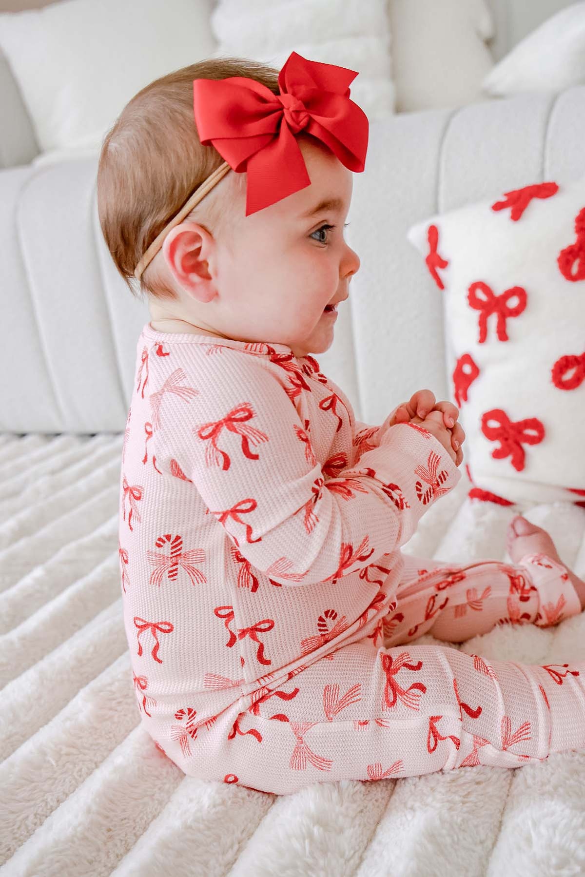 Caden Lane Bamboo Waffle Zipper Ruffle Footie-Peppermint Bows