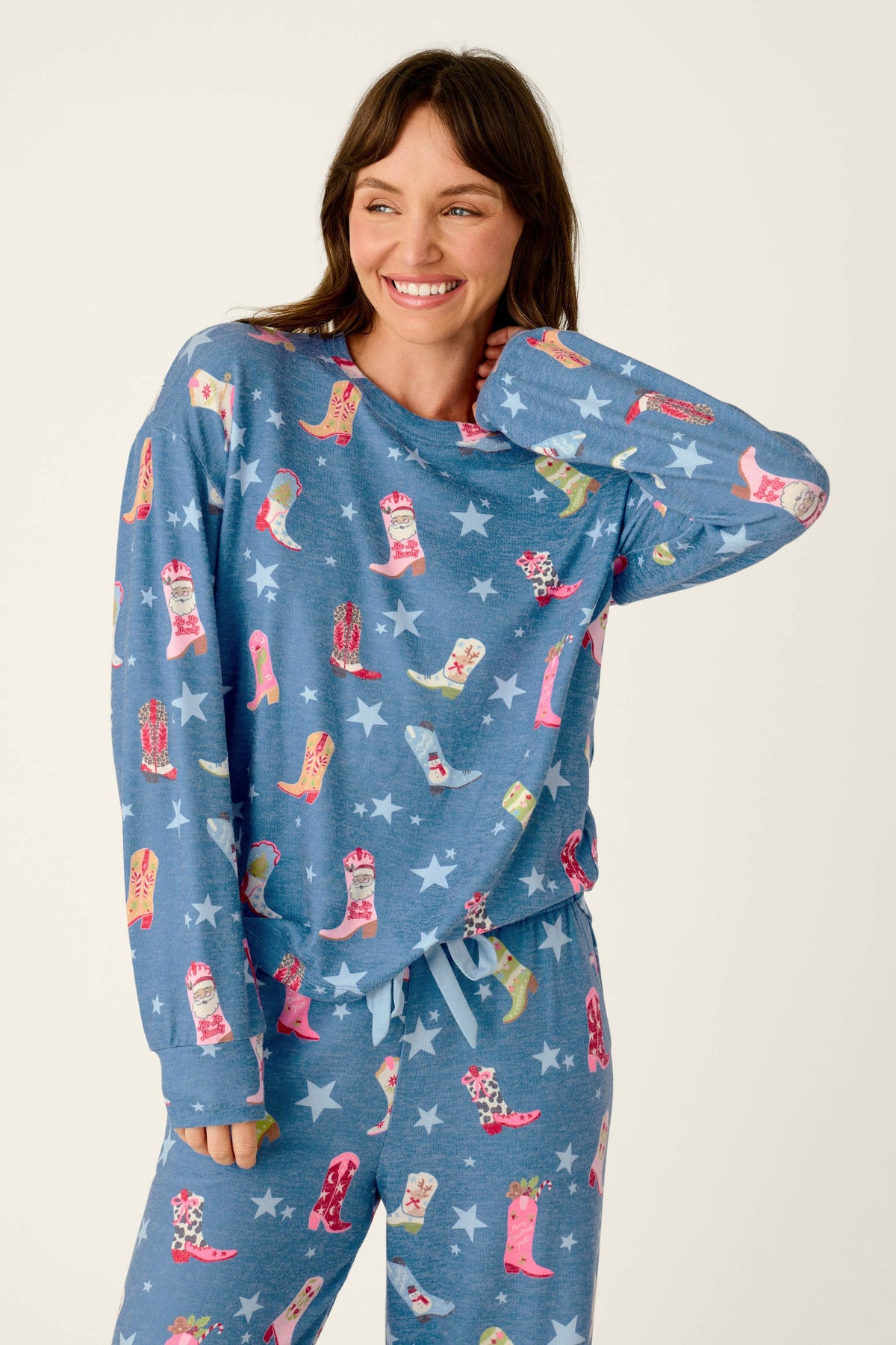 PJ Salvage "Howdy Holidays" L/S Pajama Top-Cowboy Boots & Star Print