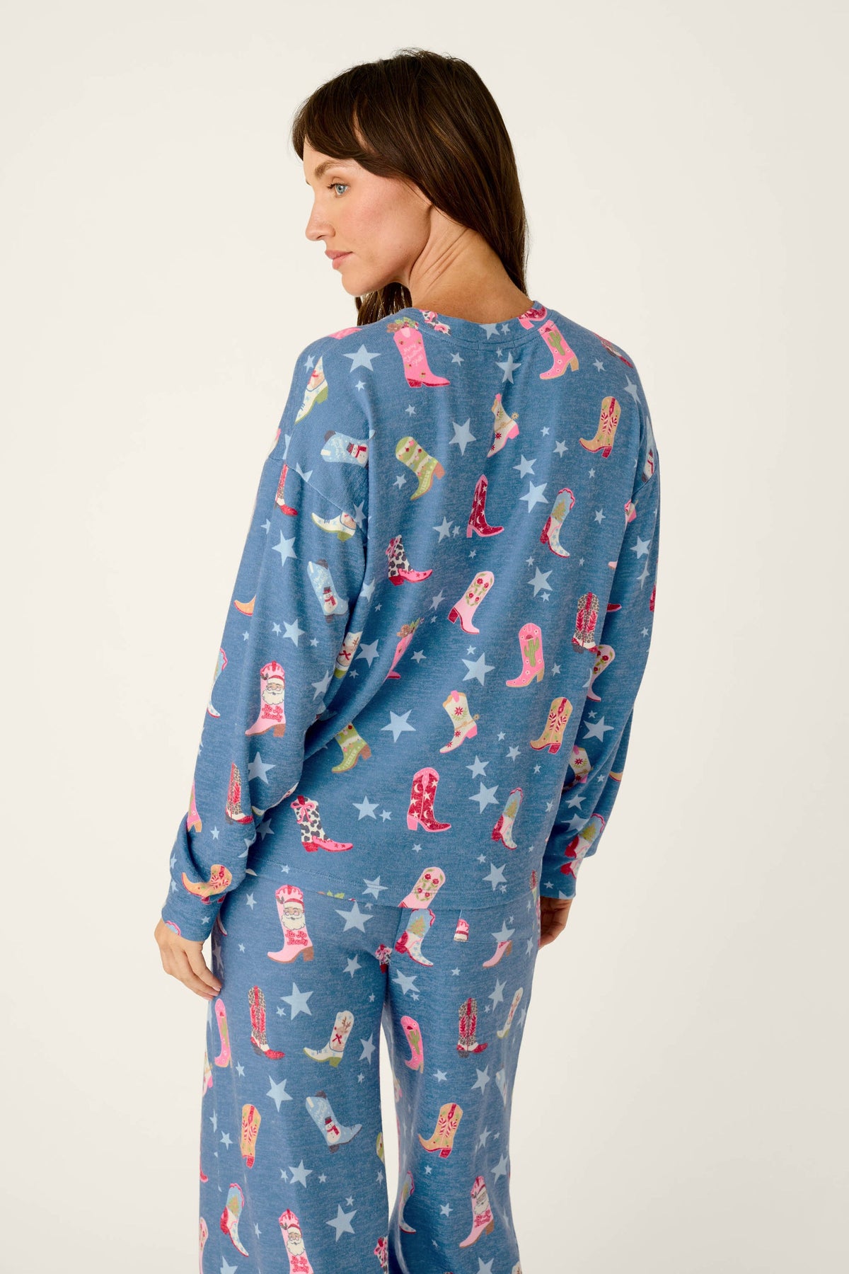 PJ Salvage "Howdy Holidays" L/S Pajama Top-Cowboy Boots & Star Print