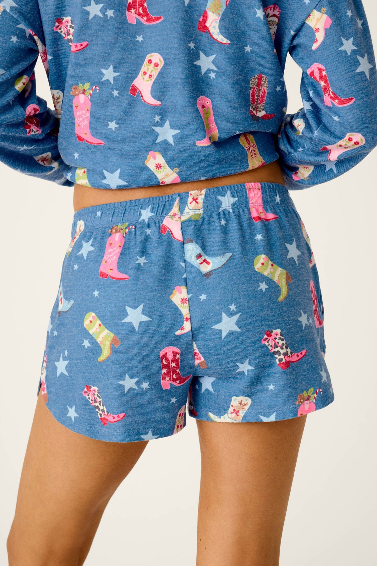 PJ Salvage "Howdy Holidays" Pajama Shorts-Cowboy Boots & Stars Print