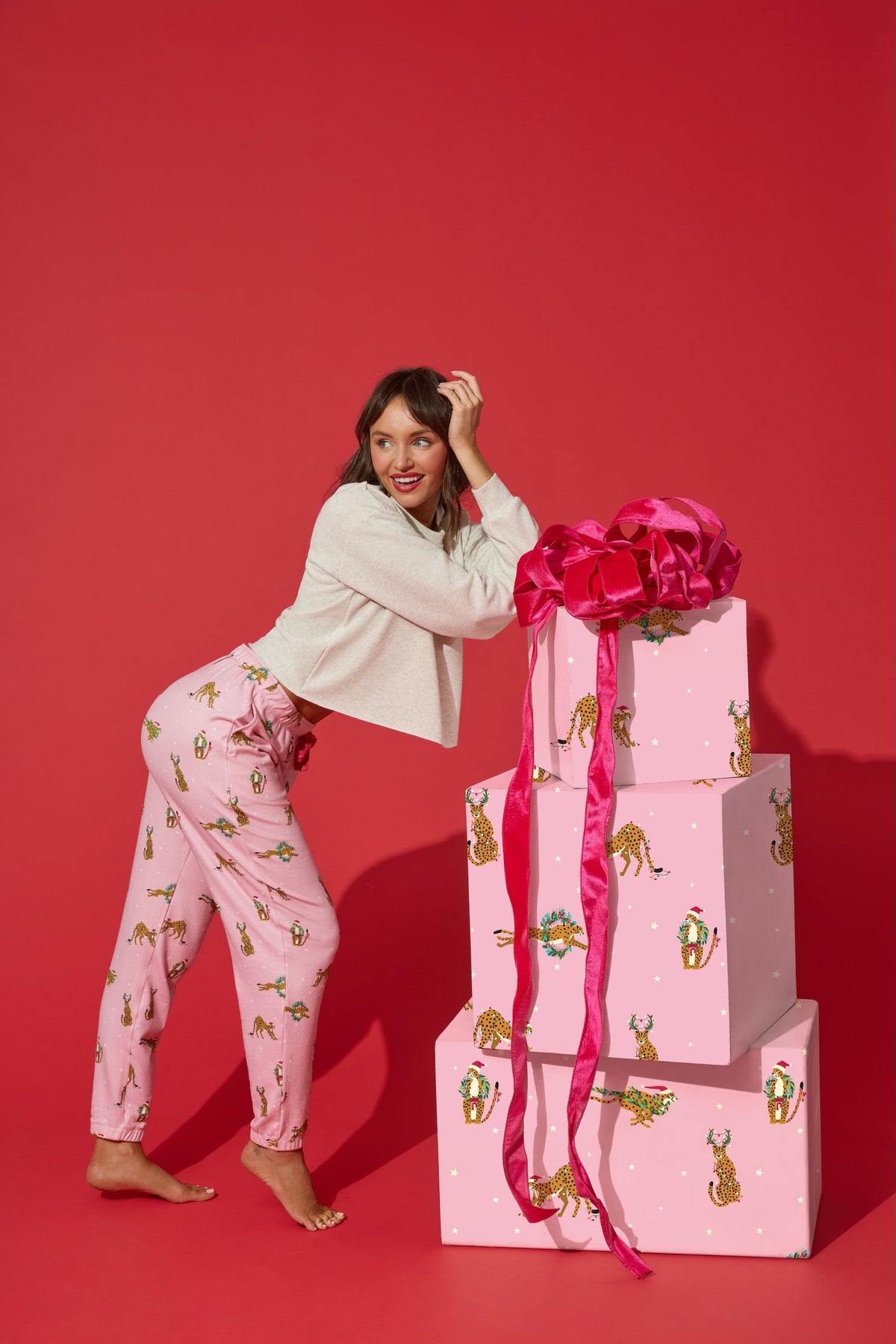 PJ Salvage "Very Merry Wild for the Holidays" Banded Jogger Pajama Pant-Pink Orchid