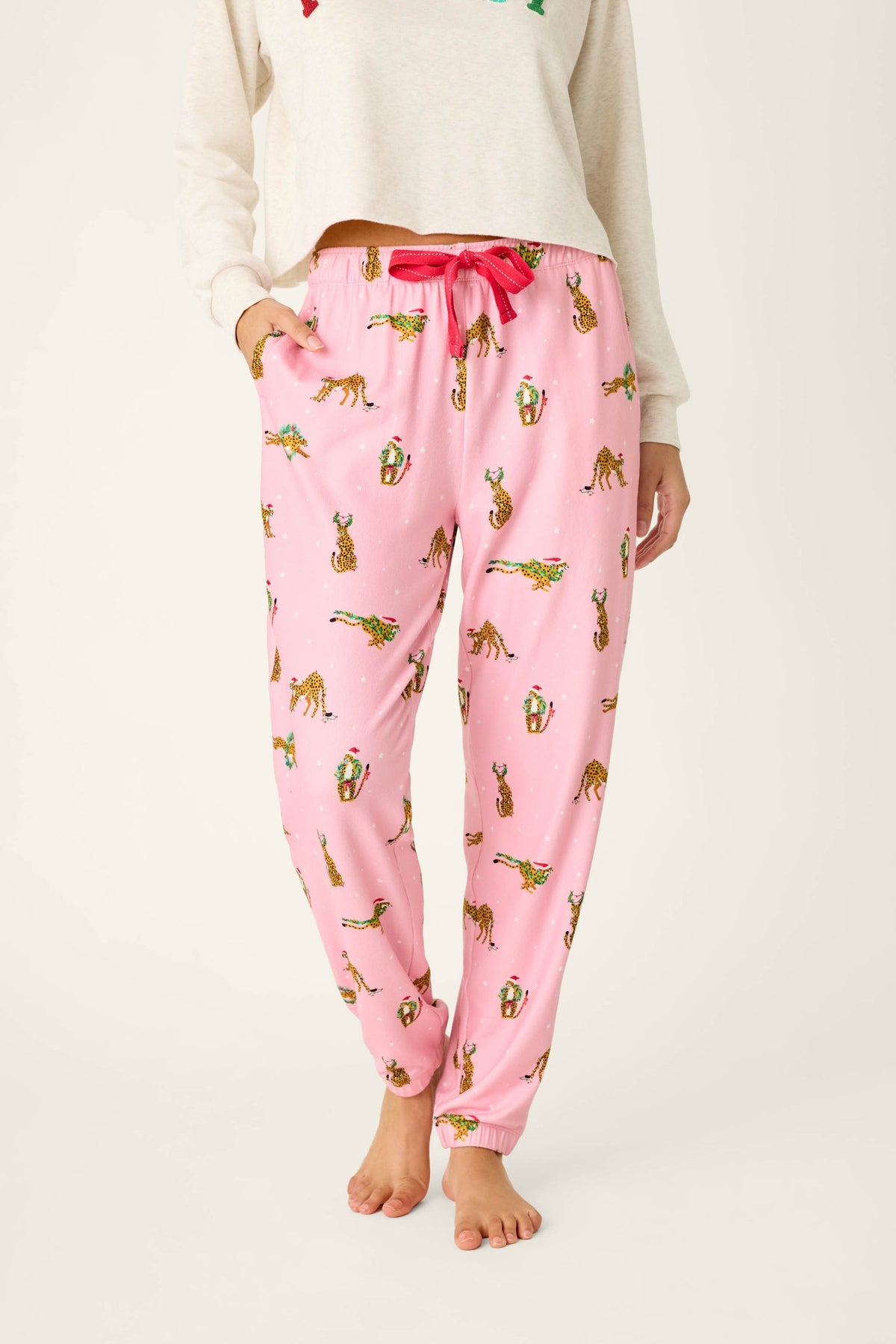 PJ Salvage "Very Merry Wild for the Holidays" Banded Jogger Pajama Pant-Pink Orchid