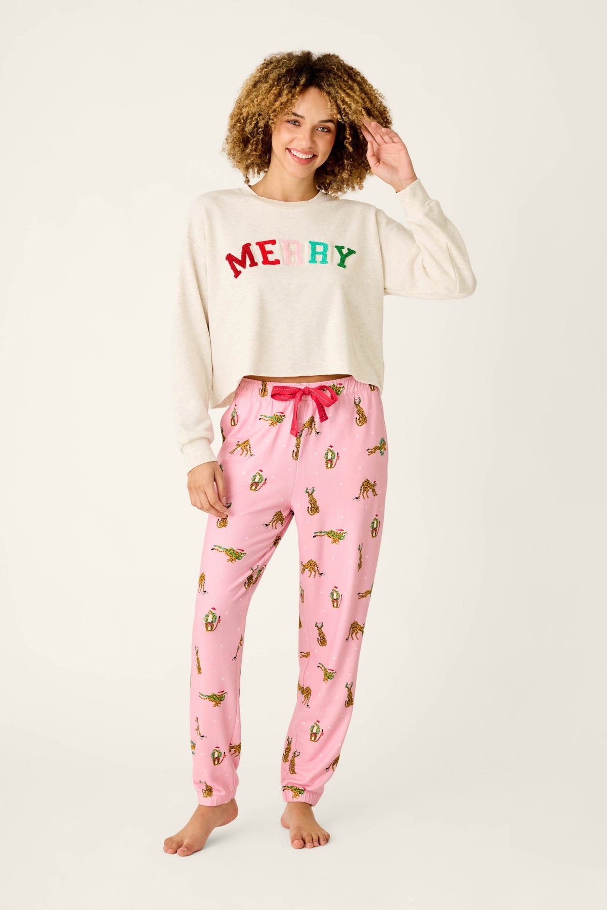 PJ Salvage "Very Merry Wild for the Holidays" Banded Jogger Pajama Pant-Pink Orchid