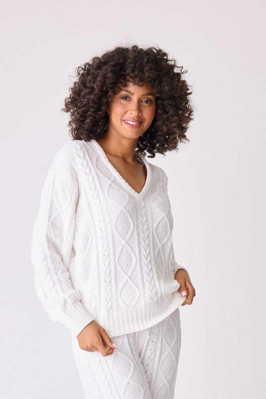 PJ Salvage Chenille Cozy Cable V-Neck Sweater-Ivory