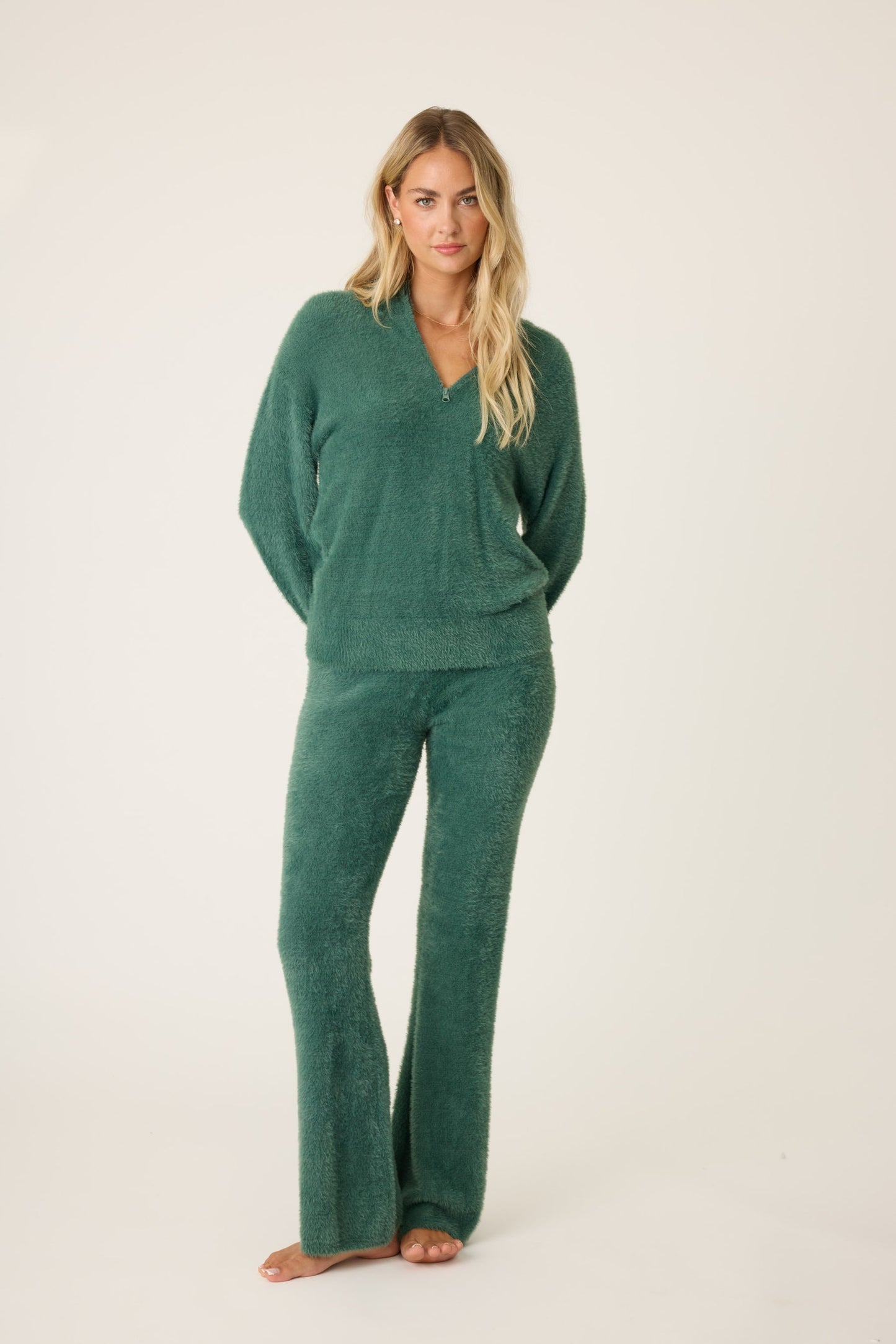 PJ Salvage "Campfire Cozy" Feather Knit Quarter Zip Sweater-Sage Leaf