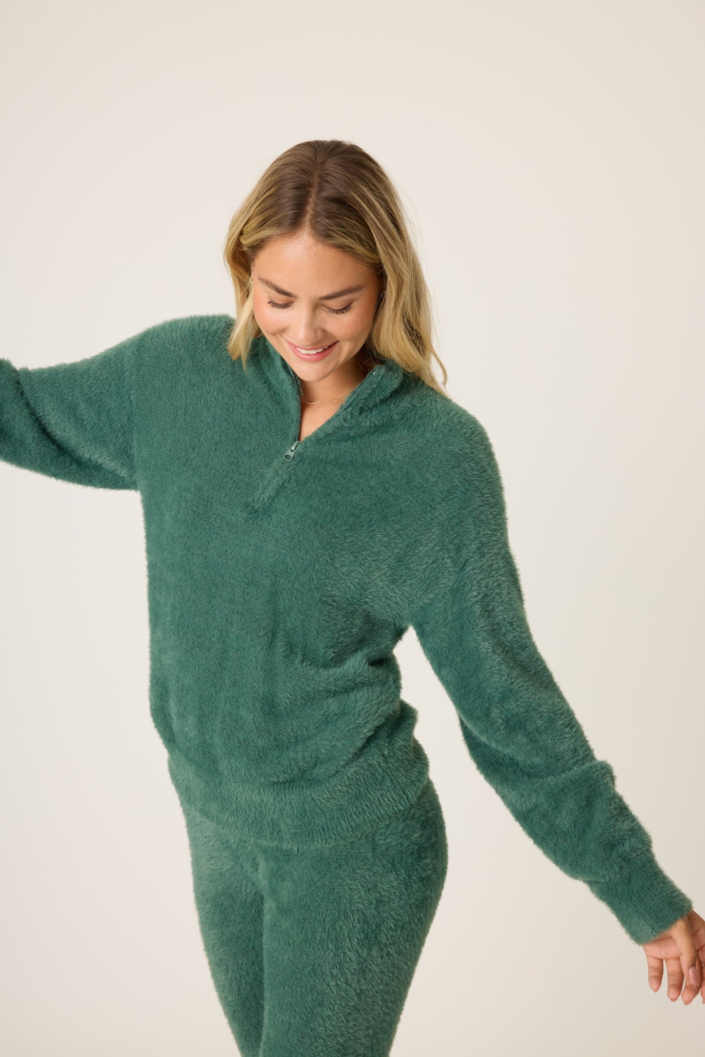 PJ Salvage "Campfire Cozy" Feather Knit Quarter Zip Sweater-Sage Leaf