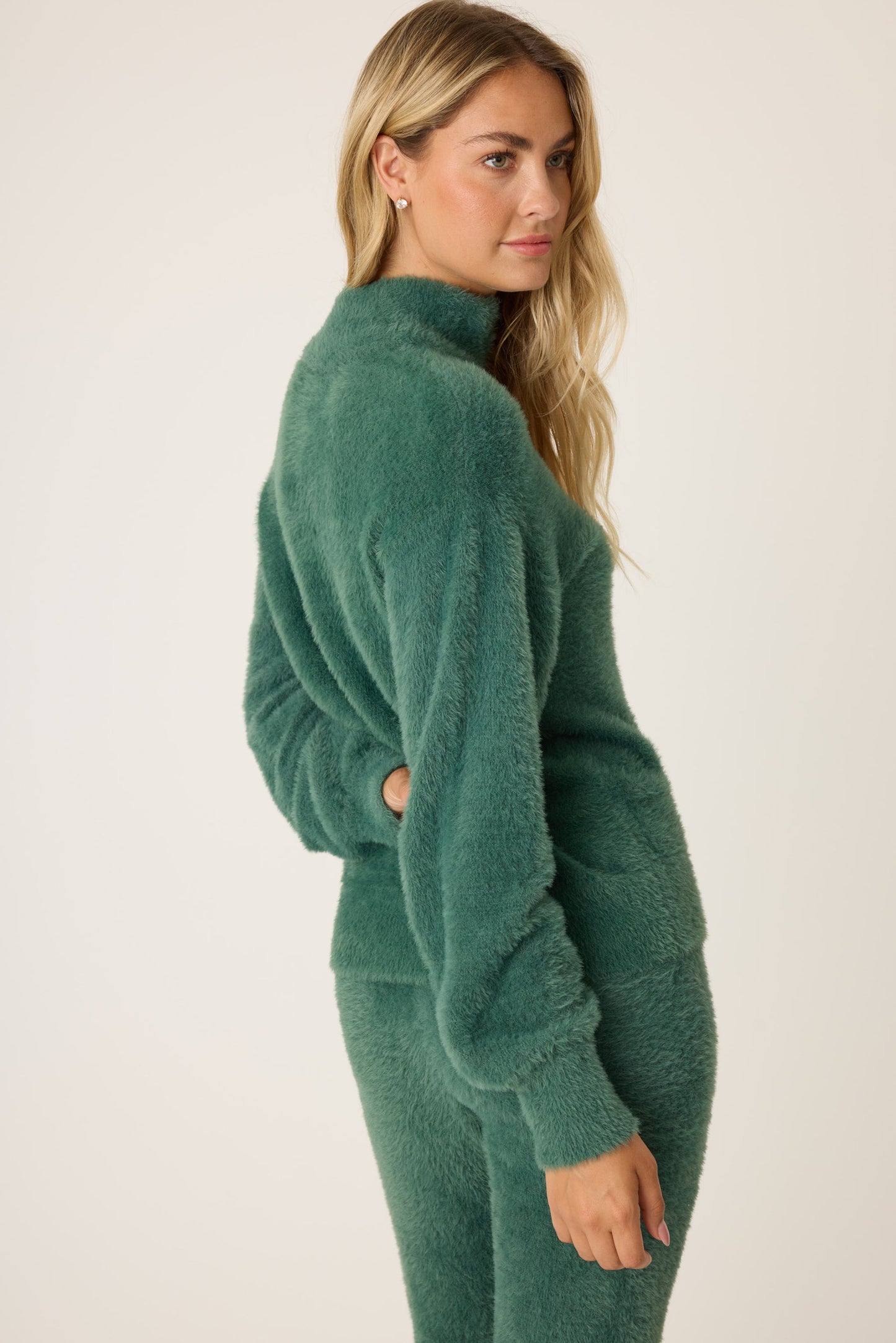 PJ Salvage "Campfire Cozy" Feather Knit Quarter Zip Sweater-Sage Leaf