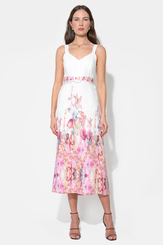 Adelyn Rae "Remi" V-Neck Floral Placement Midi Dress-White/Magenta
