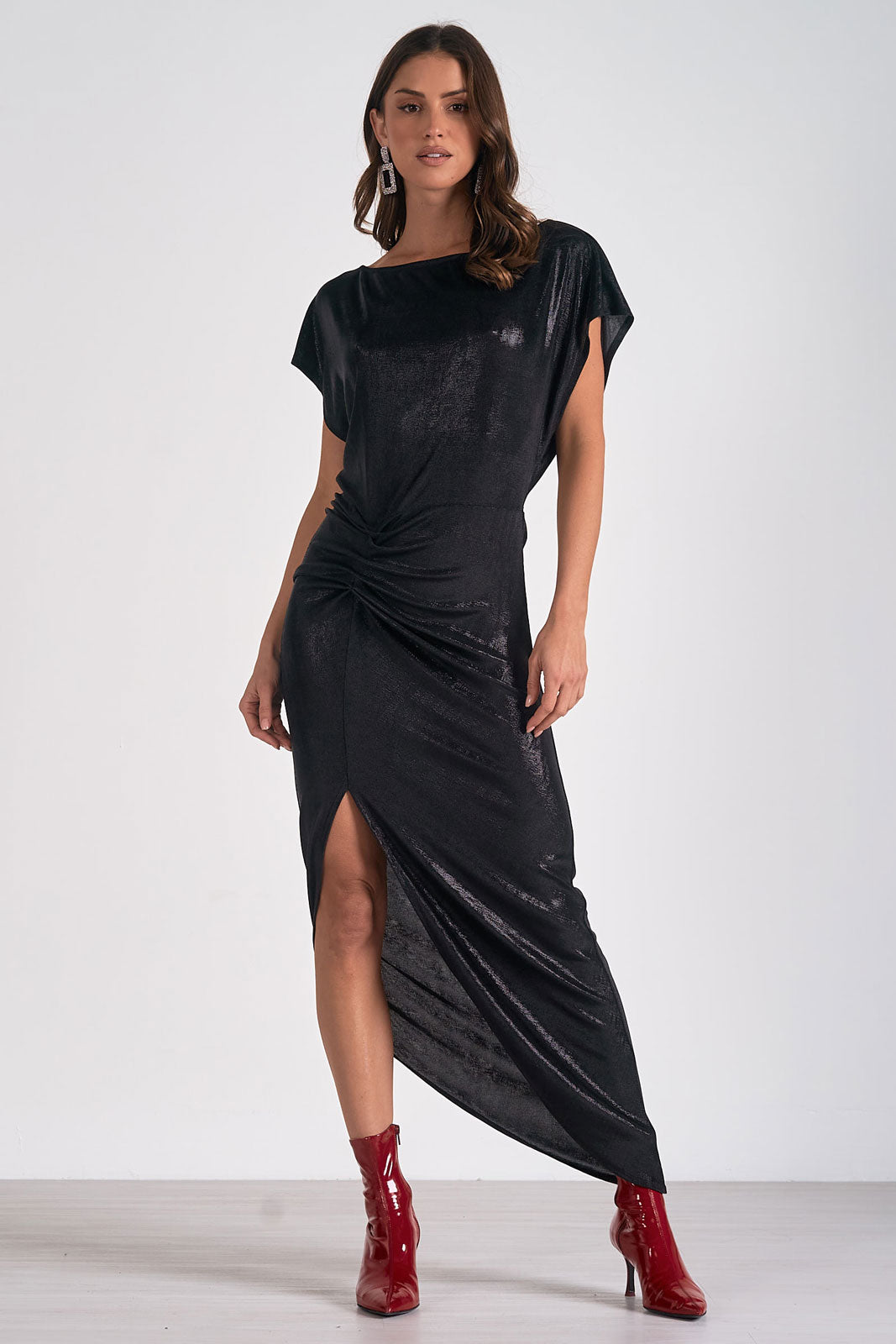 Elan "Corrine" Side Ruched Dress-Black