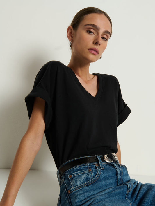 Nation LTD "Stevie" Cuffed V-Neck-Jet Black