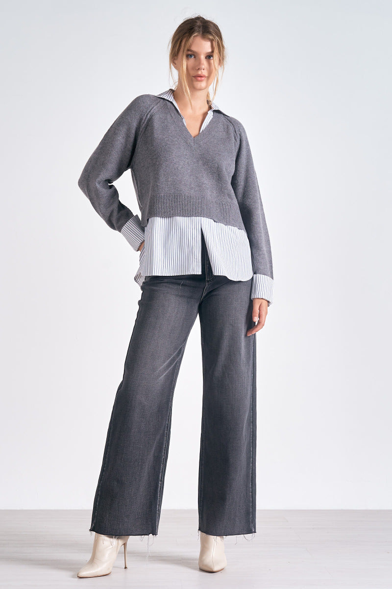 Elan “Soraya” Sweater Top - Grey Black