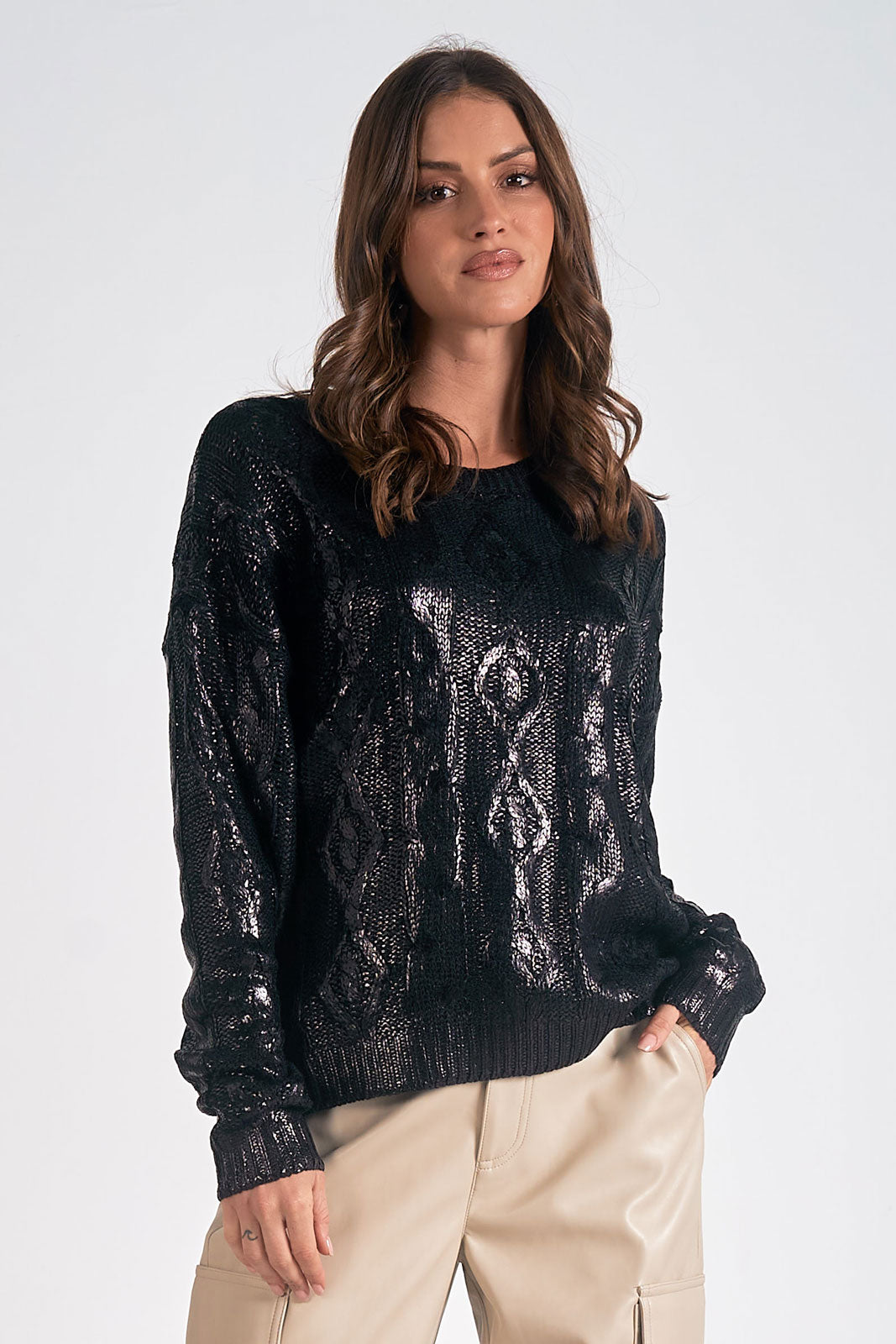 Elan Cableknit Crew Neck Sweater-Metallic Black