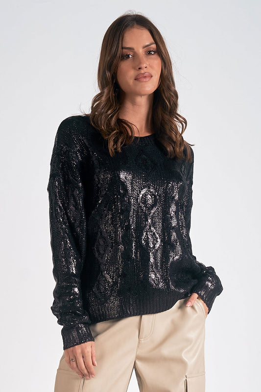 Elan Cableknit Crew Neck Sweater-Metallic Black