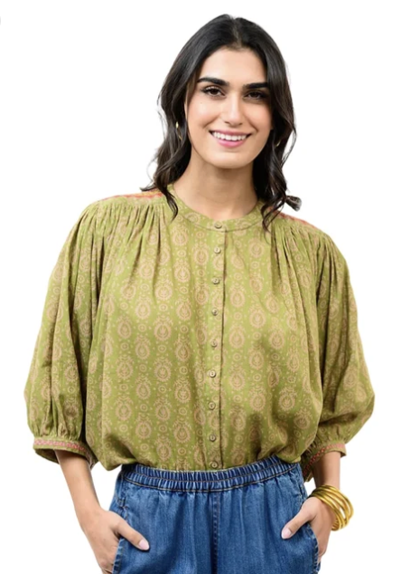 Ivy Jane Yoke Embroidered Top - Green