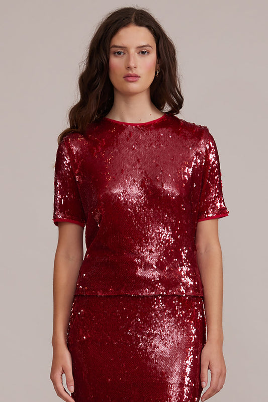 Lucy Paris "Cherry" Sequined Top-Deep Red