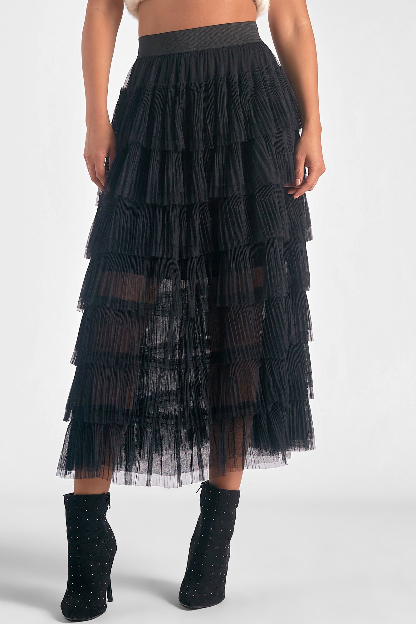 Elan "Freya" Tulle Ruffled Skirt-Black