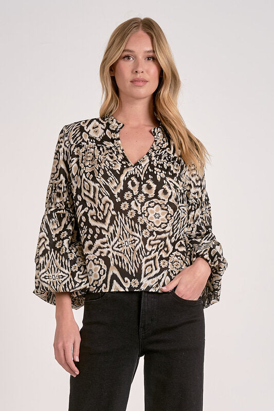Elan V-Neck Bubble Sleeved Blouse-Black Acorn Print