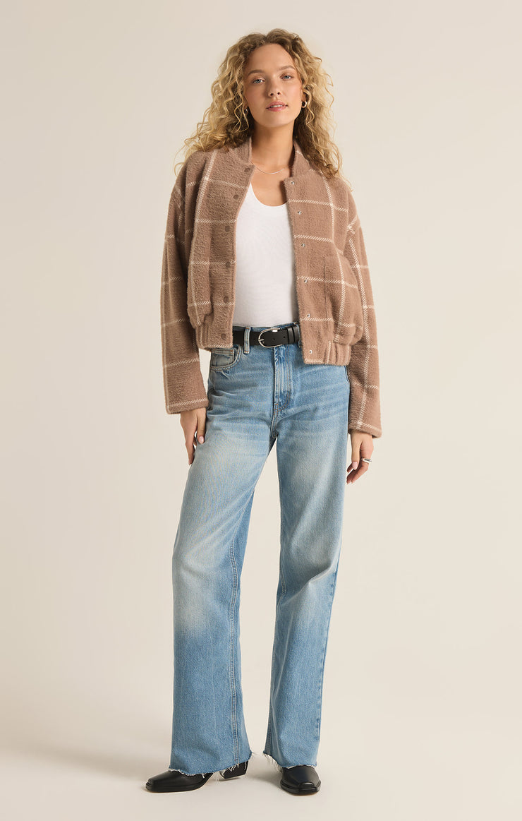 Z Supply Lex Plaid Sweater Knit Bomber Jacket-Heather Taupe