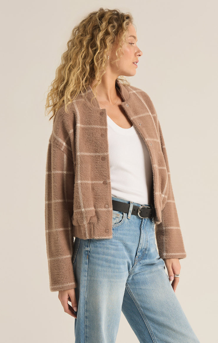 Z Supply Lex Plaid Sweater Knit Bomber Jacket-Heather Taupe