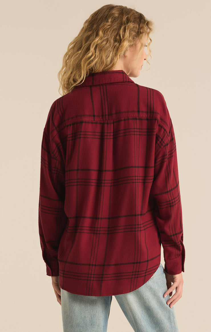 Z Supply River Plaid Button Up-Red Dahlia