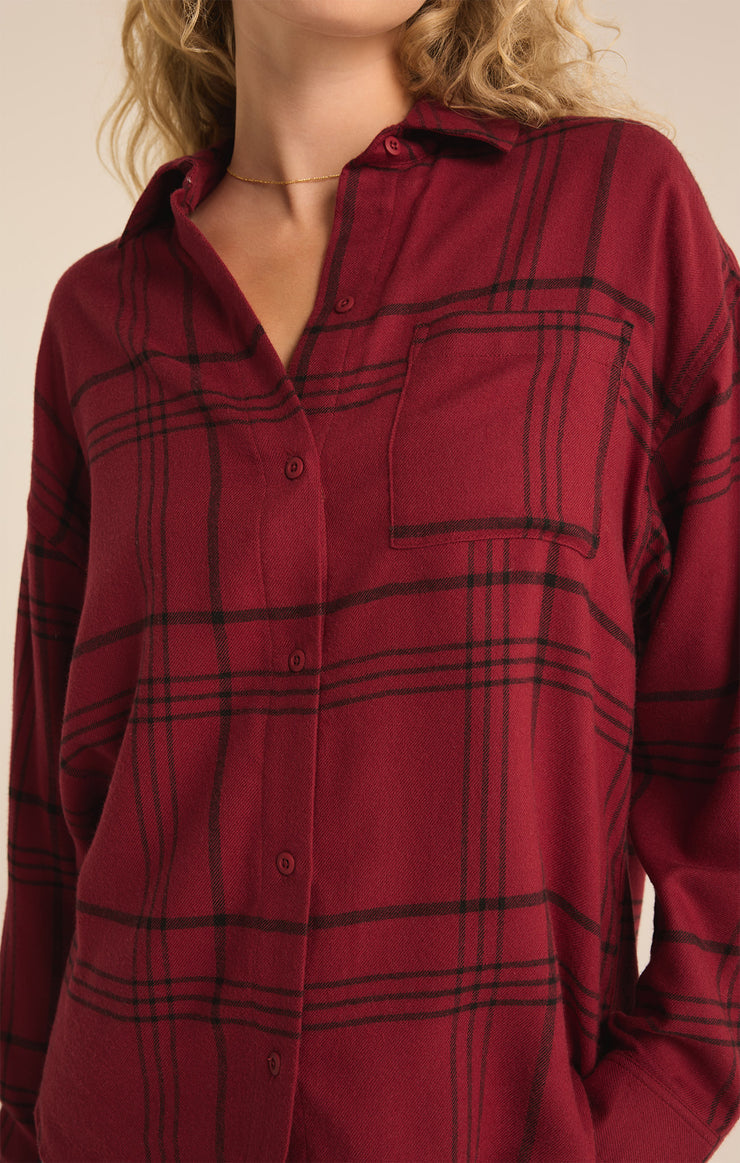 Z Supply River Plaid Button Up-Red Dahlia