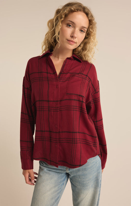 Z Supply River Plaid Button Up-Red Dahlia