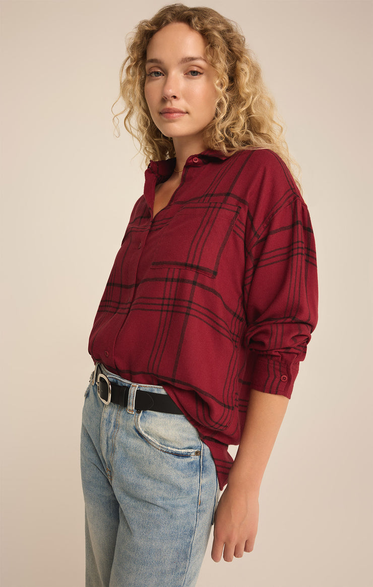 Z Supply River Plaid Button Up-Red Dahlia