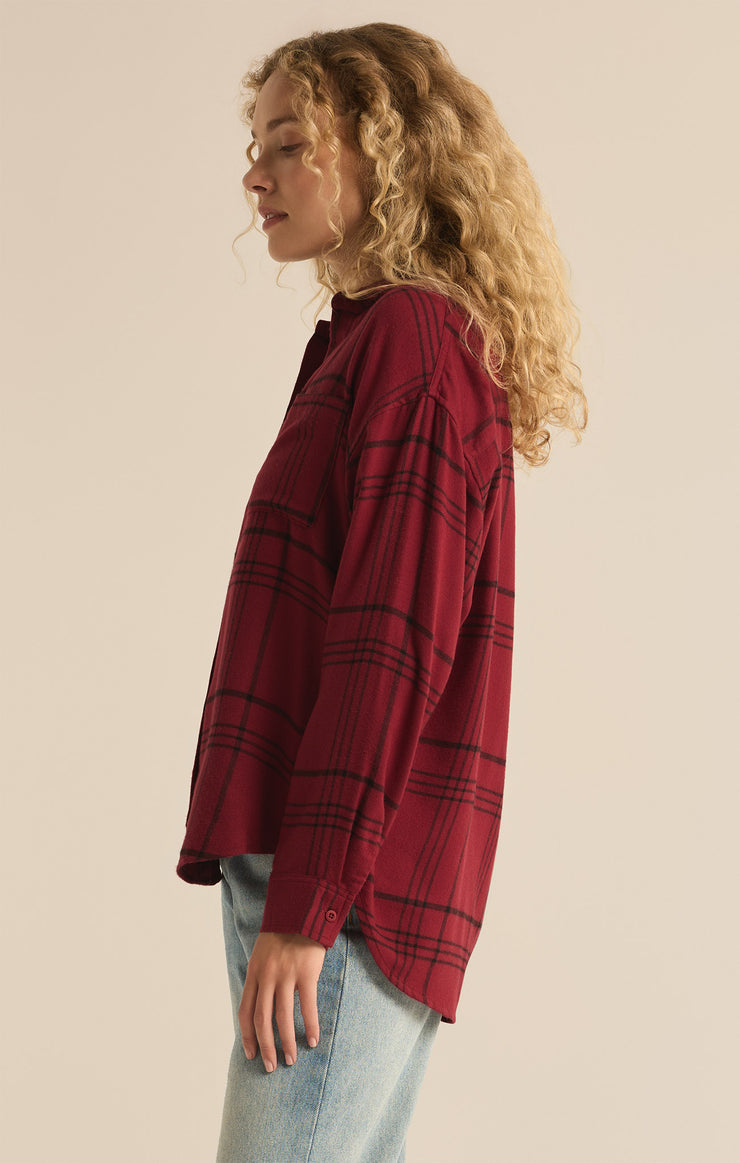 Z Supply River Plaid Button Up-Red Dahlia