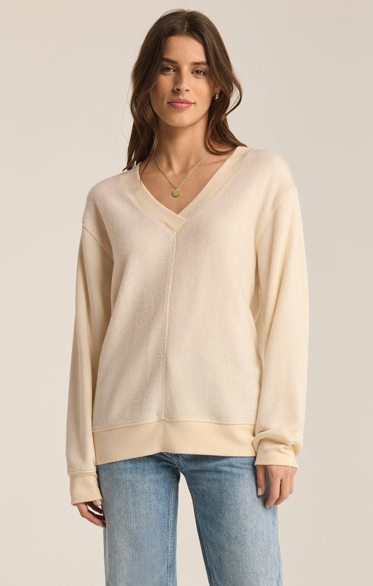 Z Supply Off the Clock Cozy V-Neck Sweatshirt- Sea Salt