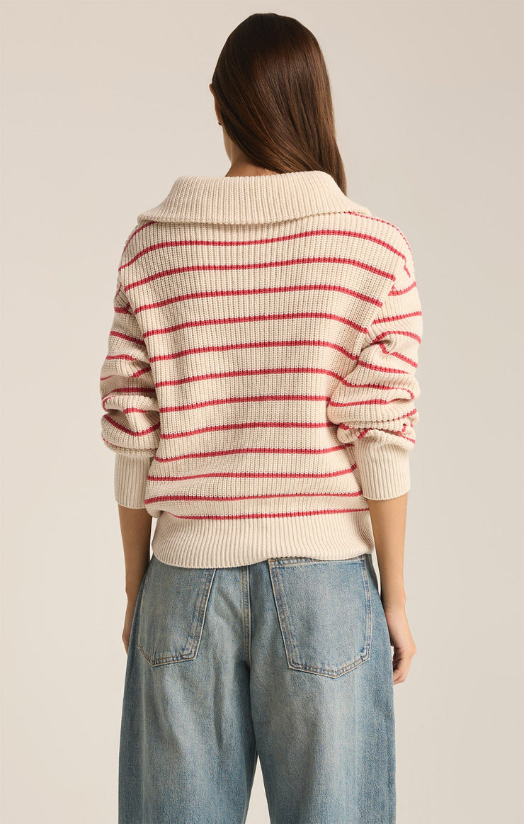 Z Supply Villa Half Zip Stripe Sweater-Red Pepper