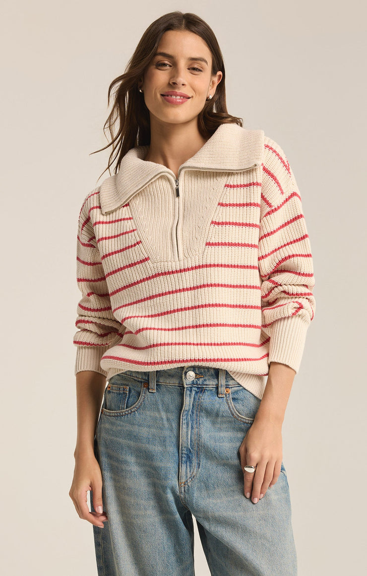 Z Supply Villa Half Zip Stripe Sweater-Red Pepper