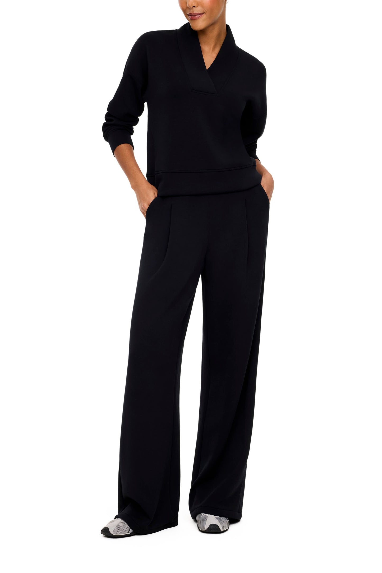 Spanx AirEssentials V-Neck Long Sleeve Sweatshirt - Very Black